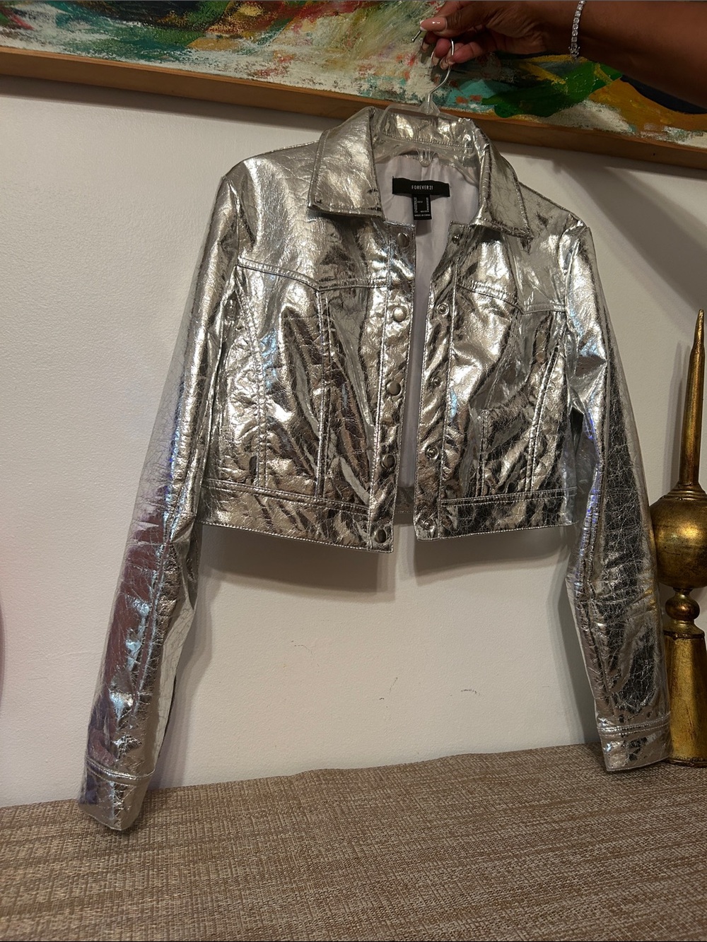 Forever 21 Silver Metallic Cropped Jean Jacket